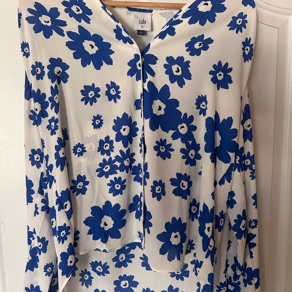 CAbi Blue and White Floral Top